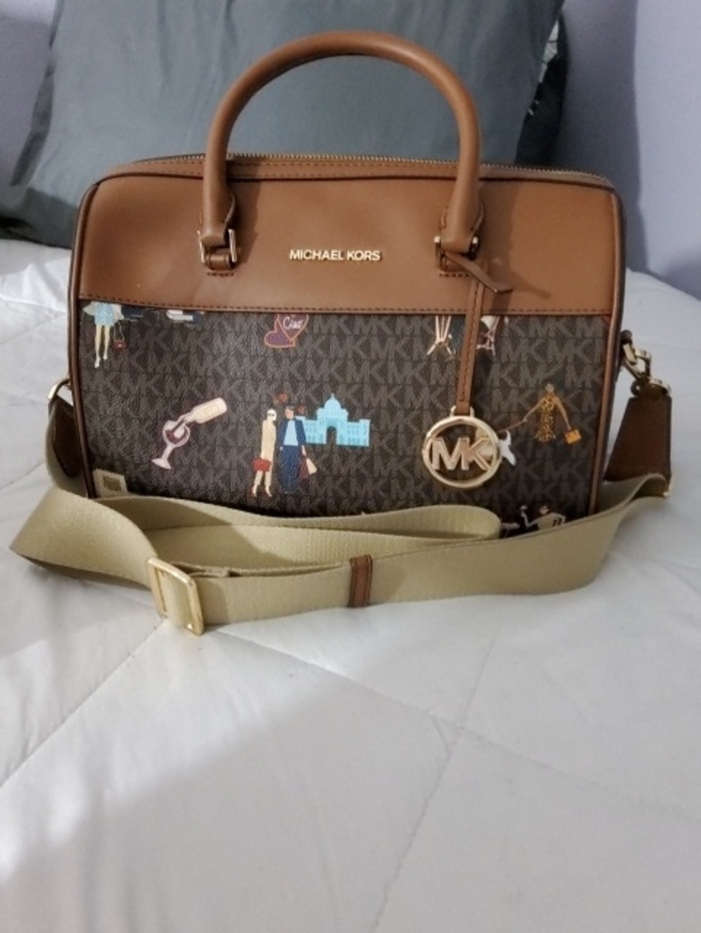 Michael Kors Brown Monogram Dome Satchel with Tan Trim and Gold Hardware